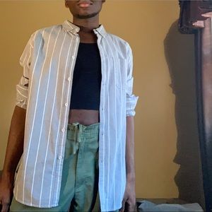 Grey and white striped collared button up shirt